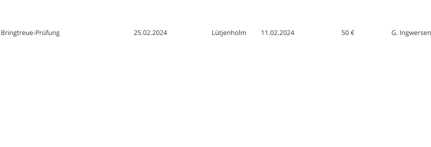 Bringtreue-Prüfung  25.02.2024  Lütjenholm		 11.02.2024					 50 €   G. Ingwersen