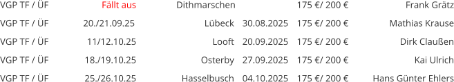 VGP TF / ÜF Fällt aus      Dithmarschen  175 €/ 200 € Frank Grätz VGP TF / ÜF 20./21.09.25  Lübeck 30.08.2025 175 €/ 200 € Mathias Krause VGP TF / ÜF 11/12.10.25 Looft 20.09.2025 175 €/ 200 € Dirk Claußen VGP TF / ÜF 18./19.10.25 Osterby 27.09.2025 175 €/ 200 € Kai Ulrich VGP TF / ÜF 25./26.10.25 Hasselbusch 04.10.2025 175 €/ 200 € Hans Günter Ehlers