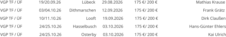 VGP TF / ÜF 19/20.09.26 Lübeck    29.08.2026 175 €/ 200 € Mathias Krause VGP TF / ÜF 03/04.10.26  Dithmarschen 12.09.2026 175 €/ 200 € Frank Grätz VGP TF / ÜF 10/11.10.26 Looft 19.09.2026 175 €/ 200 € Dirk Claußen VGP TF / ÜF 24/25.10.26 Hasselbusch 03.10.2026 175 €/ 200 € Hans-Günter Ehlers VGP TF / ÜF 24/25.10.26 Osterby 03.10.2026 175 €/ 200 € Kai Ulrich